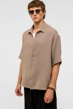 Oversize Kısa Kollu Müslin Kumaş Gömlek Bej