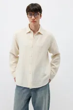 Dokulu Pamuklu Oversize Gömlek Naturel