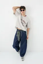 Kısa Kollu Boxy Fit Baskılı Tişört Gri