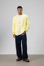 V Yaka Düğmeli Örgü Hırka Kazak Sarı