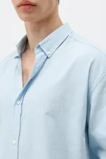 Basic Oversize Pamuk  Keten Gömlek Mavi