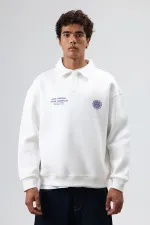 Sweat-shirt oversize à col polo imprimé délavé, écru