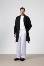 Kemerli Oversize Kaşe Kaban Siyah