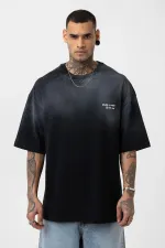 Yıkamalı Yazı Detaylı Oversize Tişört Siyah