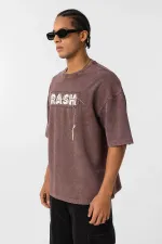 Yıkamalı Oversize Baskılı Tişört Kahve