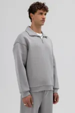 Oversize Fermuarlı Dik Yaka Sweatshirt Gri