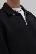Oversize Fermuarlı Dik Yaka Sweatshirt Siyah