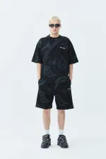 Oversize Desenli Şort Tişört Takım Siyah