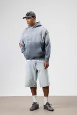 Oversize Baskılı Kapüşonlu Sweatshirt Gri