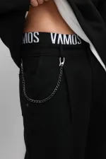 Pileli Zincir Detaylı Baggy Jean Siyah