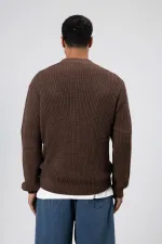 V Yaka Düğmeli Örgü Hırka Kazak Vizon