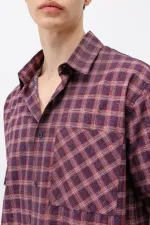 Checked Short-Sleeved Oversize Shirt, Burgundy