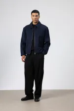 Oversize Fermuarlı Kaşe Ceket Lacivert