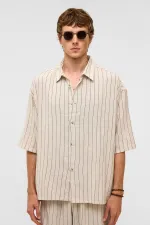 Oversize Çizgili Kısa Kollu Keten Gömlek Siyah