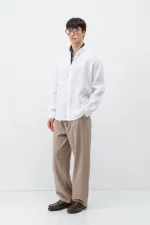 Pantalon ample en lin avec taille élastiquée, couleur vison