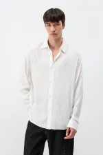 Hafif Dokulu Oversize Gömlek Ekru