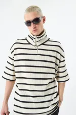 Oversize Çizgili Fermuarlı Yaka Triko Tişört Ekru