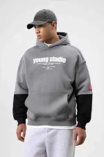 Oversize Baskılı Kapüşonlu Sweatshirt Füme