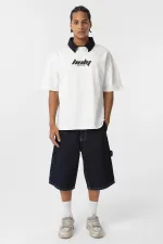 Polo Yaka Oversize Baskılı Tişört Ekru