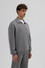 Oversize Fermuarlı Dik Yaka Sweatshirt Füme