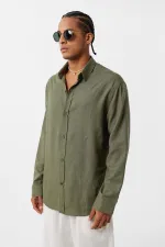 Basic Oversize Uzun Kollu Keten Gömlek Haki