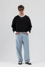 Crew Neck Oversize Sweatshirt with Pocket Detail, Black