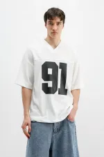 Printed Corduroy Oversize T-Shirt, Ecru