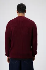 V Yaka Düğmeli Örgü Hırka Kazak Bordo