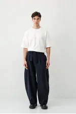 Barrel Fit Tailored Fit Kemerli Pantolon Lacivert