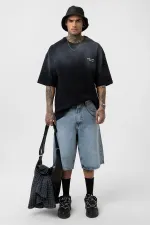 Yıkamalı Yazı Detaylı Oversize Tişört Siyah