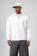 Sweat-shirt basique à fermeture éclair et col montant, écru