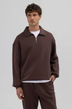 Oversize Zip-Up Stand-Up Collar Sweatshirt, Brown