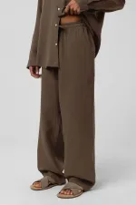 Baggy Fit Müslin Keten Pantolon Kahve