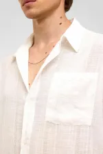 Oversize Çizgili Uzun Kollu Keten Gömlek Ekru