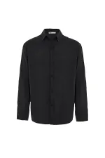 Basic Oversize Uzun Kollu Keten Gömlek Siyah