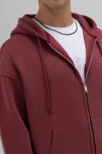 Basic Fermuarlı Oversize Kapüşonlu Sweatshirt Bordo