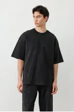 Kısa Kollu Yıkamalı Oversize Tişört Siyah