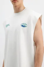 Oversize Baskılı Kolsuz Tişört Beyaz