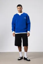 Oversize Bisiklet Yaka Baskılı Sweatshirt Saks