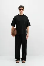 Fitilli Dokulu Oversize Tişört Siyah