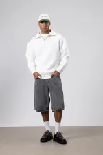 Sweat-shirt basique à fermeture éclair et col montant, écru