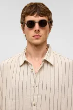 Oversize Çizgili Kısa Kollu Keten Gömlek Siyah