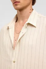 Oversize Çizgili Kısa Kollu Keten Gömlek Vizon