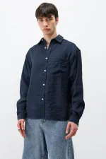 Modal Fabric Oversize Shirt with Pockets, Navy Blue
