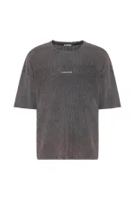 Yıkamalı Arka Baskılı Oversize Tişört Kahve