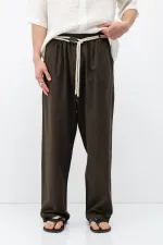 Kemer Detaylı Oversize Keten Pantolon Kahve