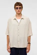 Oversize Çizgili Kısa Kollu Keten Gömlek İndigo