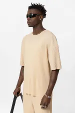 Basic Oversize Crew Neck Ottoman Suit Beige