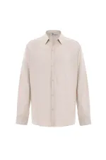 Basic Oversize Uzun Kollu Keten Gömlek Bej