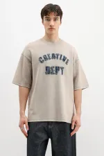 Yıkamalı Yazı Baskılı Oversize Tişört Bej